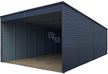 Plechová hala – garáž 6x8 + prístrešok – 2x dvojkrídlové dvere – plastové okno výklopné – dvere – rýna okapová – tmavá hnedá – strecha dvojspádová (sedlová) TKD105