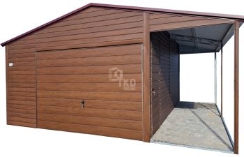 Plechová garáž 6x5 – dvojkrídlové dvere – plastové okno výklopné – dvere – orech svetlý + antracit – imitácia dreva – strecha dvojspádová (sedlová) TKD115