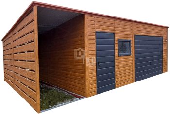 Garaż blaszany 6x6m + Wiata 1,5m - Brama uchylna - drzwi - okno - jasny orzech - drewnopodobny - antracyt - dach spad w tył TKD250