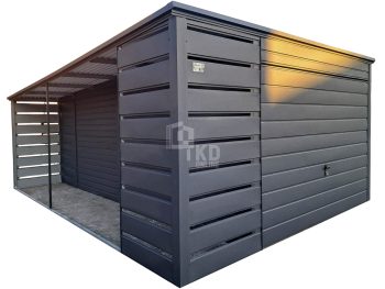 Garaż blaszany 3x6m + wiata 1m - Brama uchylna - drzwi - antracyt - dach spad w tył TKD247