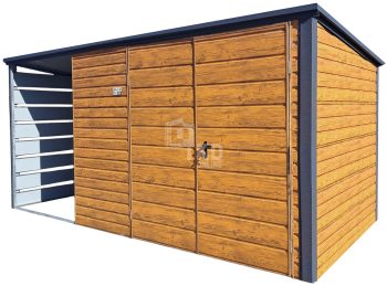Schowek - domek ogrodowy 3,5x2m + wiata 1,5m - Brama dwuskrzydłowa - jasny orzech - drewnopodobny - dach spad w tył  TKD253