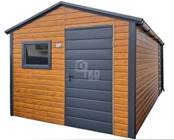 Schowek - domek ogrodowy 3x4m + wiata 1m - Drzwi - okno - rynny - jasny orzech - drewnopodobny - dach dwuspadowy TKD255