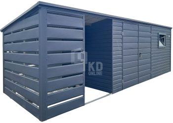 Schowek - domek ogrodowy 4,5x2,5m + wiata 2m - brama -  okno - antracyt - dach spad w tył TKD364