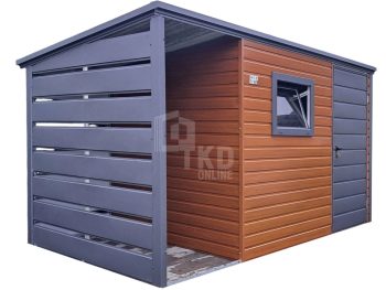 Schowek - domek ogrodowy 2,5x2m + wiata 0,5m - drzwi - okno - złoty dąb  - drewnopodobny - dach spad w tył TKD366