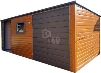 Schowek - domek ogrodowy 4,5x2m + wiata 2m - brama - okno - jasny orzech - drewnopodobny - dach spad w tył TKD371