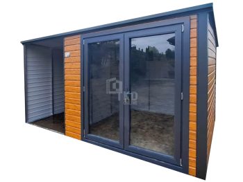 Schowek - Domek Ogrodowy 2,5x2,5m - wiata 1,5m - drzwi PCV - Jasny Orzech - Drewnopodobny - dach Spad w tył TKD387