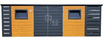 Schowek - domek ogrodowy 4,5x3m + wiata 0,5m - brama - drzwi - 2x okno - jasny orzech - drewnopodobny - dach spad w tył TKD389
