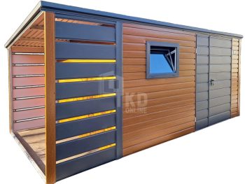 Schowek - domek ogrodowy 4x2,5m + wiata 1m - brama dwuskrzydłowa - jasny orzech - okno - drewnopodobny - dach spad w tył TKD390