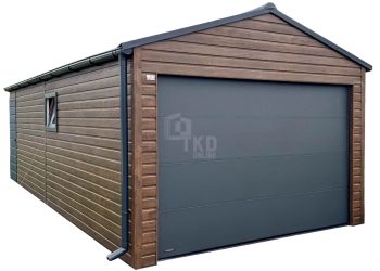 Garaż blaszany 3,7x6 - brama segmentowa - drzwi - okno - ciemny orzech - drewnopodobny - rynna - dach dwuspadowy - blachodachówka TKD406
