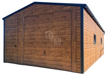 Garaż blaszany 5x6m - brama uchylna - drzwi - 2x okno - jasny orzech - drewnopodobny - rynny - dach dwuspadowy TKD407
