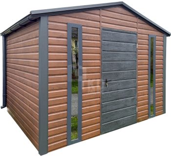 Schowek - domek ogrodowy 3x3m - drzwi - 2x okno - ciemny orzech - drewnopodobny - rynny - dach dwuspadowy TKD413