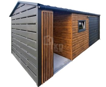 Schowek - domek ogrodowy 4x2,5m - wiata 2m - brama - okno - jasny orzech - drewnopodobny - dekor z lameli - rynna - dach dwuspadowy odwrócony - blachodachówka TKD414