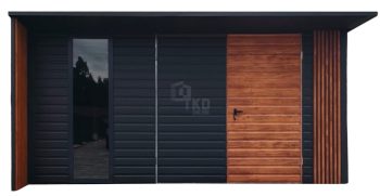 Schowek - domek ogrodowy 5x4m - drzwi - okno - dekor z lameli - antracyt - dach spad w tył - rynna TKD416