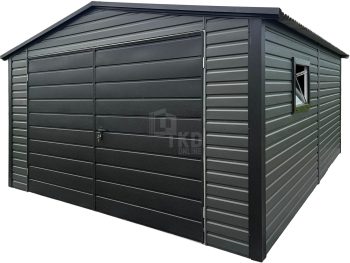 Garaż blaszany 4x5m - brama dwuskrzydłowa - okno - antracyt - dach dwuspadowy TKD418