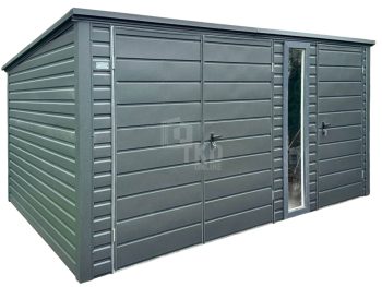 Schowek - domek ogrodowy 4x3m - brama dwuskrzydłowa - okno - drzwi - antracyt - dach spad w tył TKD434