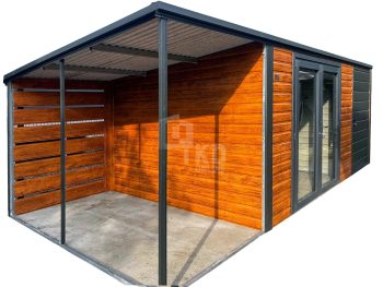 Schowek - domek ogrodowy 4x3m - wiata 1,5m - drzwi - drzwi szklane PCV - złoty dąb - drewnopodobny - antracyt - spad dachu w tył TKD435