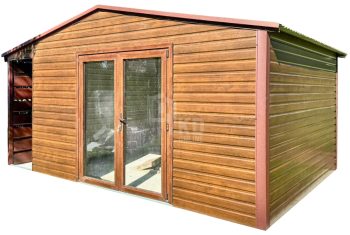 Schowek - domek ogrodowy 5,5x4m - wiata 0,5m - drzwi szklane PCV - jasny orzech - drewnopodobny - dach dwuspadowy TKD436