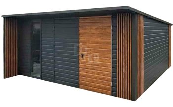 Schowek - Domek ogrodowy 5x4m - brama dwuskrzydłowa - okno - jasny orzech - drewnopodowny - antracyt - dach spad w tył - rynny TKD437