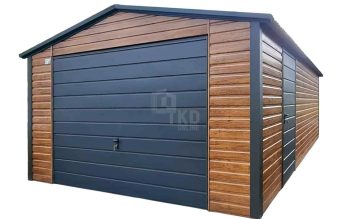 Garaż blaszany 4,5x6 m - brama uchylna - drzwi - jasny orzech - drewnopodobny - dach dwuspadowy TKD452