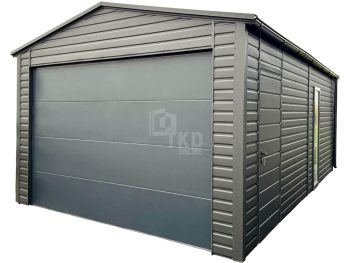 Garaż blaszany 5x6m - brama segmentowa - okno - drzwi - antracyt - dach dwuspadowy - rynny TKD421
