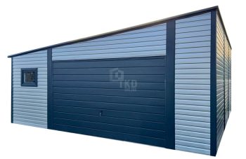 Garaż blaszany 6,5x9m - brama uchylna - drzwi - 3 x okno - jasny srebrny - antracyt - dach spad w bok TKD422