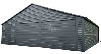Garaż blaszany 8x6m - 2 x brama uchylna - drzwi - podwyższony szczyt - antracyt - dach dwuspadowy - rynny TKD423