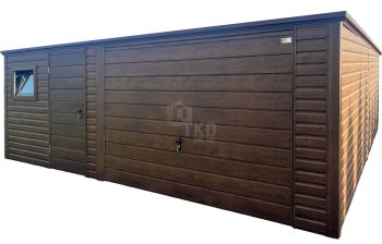 Garaż blaszany 5,5x6m - brama uchylna - drzwi - okno - ciemny orzech - drewnopodobny - spad dachu w tył TKD425