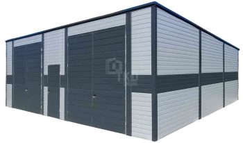 Hala - garaż blaszany 9,5x9m - 2 x brama dwuskrzydłowa - drzwi - jasny srebrny - antracyt - dach spad w tył TKD426
