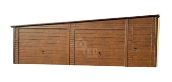 Garaż blaszany 8,5x6 m - 2x brama uchylna - drzwi - ciemny orzech - drewnopodobny - dach spad na bok - rynny TKD464